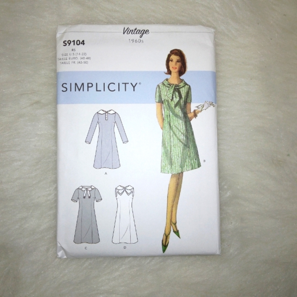 SIMPLICITY S9104 Sz 14-22 Vintage 1960s style Misses dress with sleeve and colla